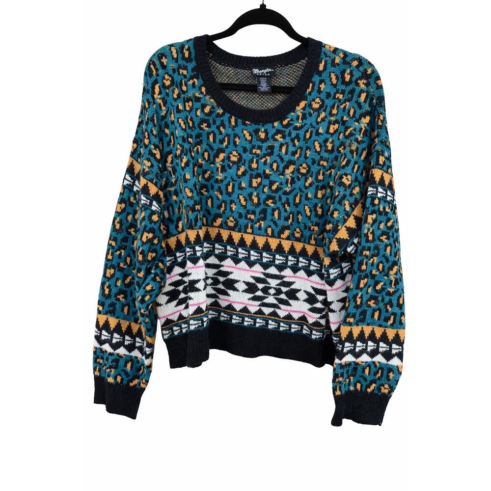 Wrangler Retro Womens Large Teal Leopard Aztec Western Boho Cowgirl Knit Sweater